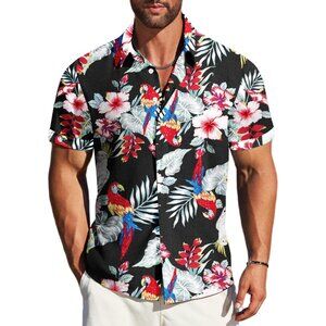 Men's Black - Flower Linen Short Sleeve Button Down Casual Shirt Business Dress